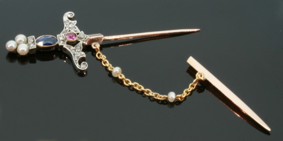 Victorian dagger or sword shaped bejeweled gold lapel pin (image 3 of 6)